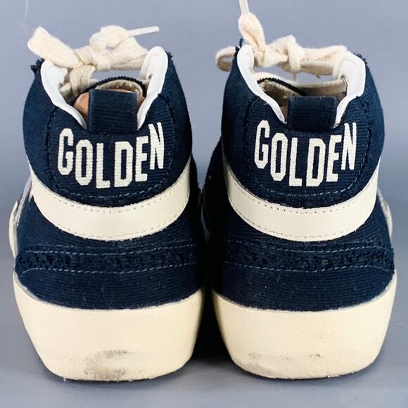GOLDEN GOOSE MIDSTAR Size 7 Navy Cream Canvas Distressed Mid Top Sneakers - Picture 3 of 7